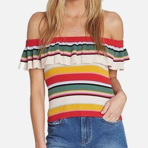 Billabong Take A Trip Off Shoulder Ruffle  Ribbed Sweater Striped Junior…